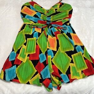 ✨ Retro Color Block Pleated Romper | Festival Party Vacation Outfit Sz S